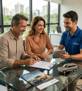 Casal sorridente em um escritório assinando documentos com um corretor, segurando uma chave de carro com uma miniatura de veículo sobre a mesa.